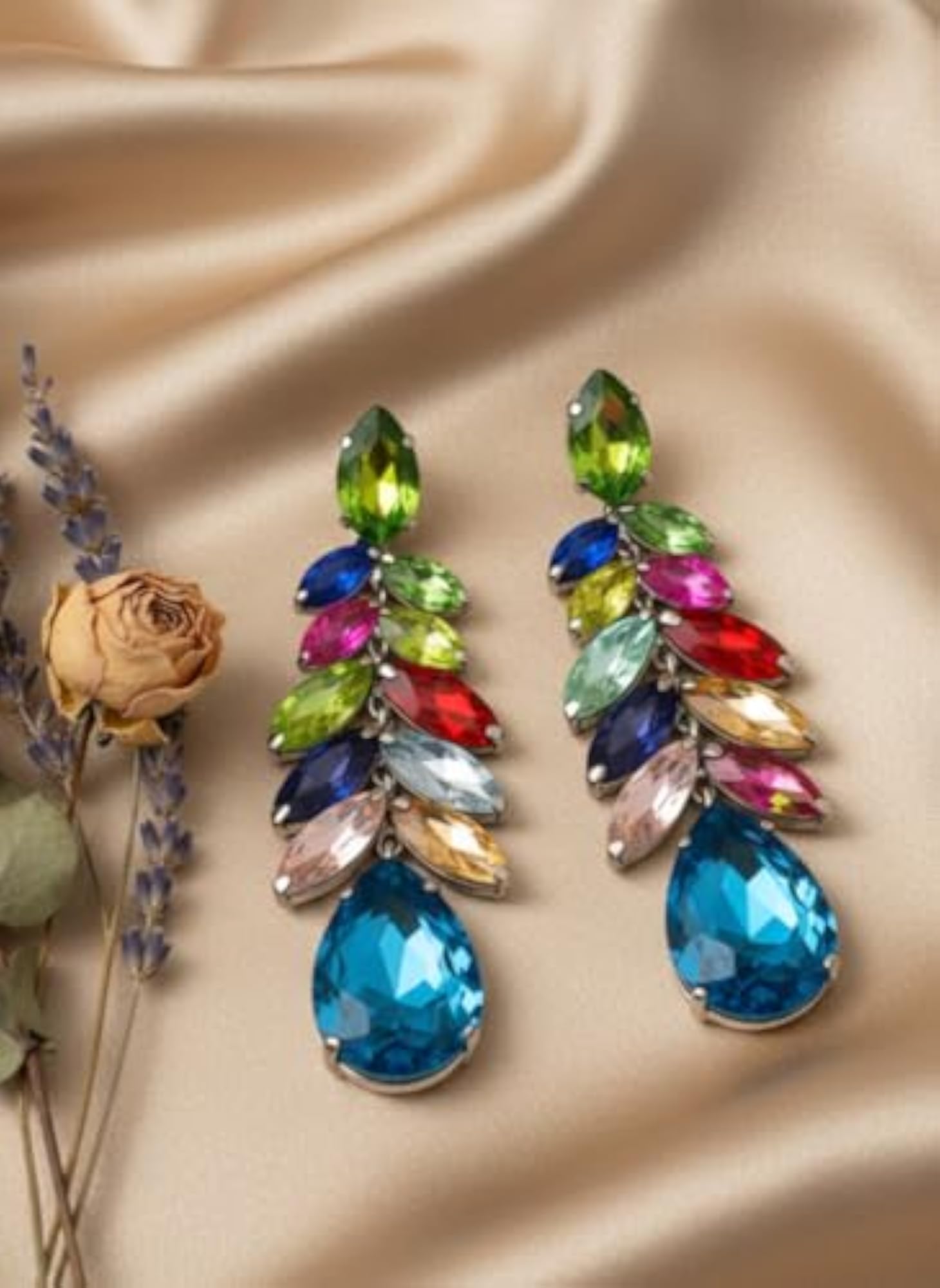 Women's Multicolour Crystal Long Drop Earrings