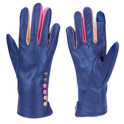 Vera Tucci TIFFANY G01 Originals Designer Luxuriöse Lederhandschuhe - Damen Handschuhe Winterhandschuhe Winterhandschuhe für Damen Designer Handschuhe Fingerlose Handschuhe Fäustlinge, navy,