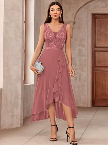 Image of Miusol Women's Vintage V-Neck Sleeveless Sequined Floral Lace Ruffle Split Evening Party Dress | Deep V-neck, sleeveless, sequin lace, ruffle design dress, suit for cocktail party, wedding and banquet