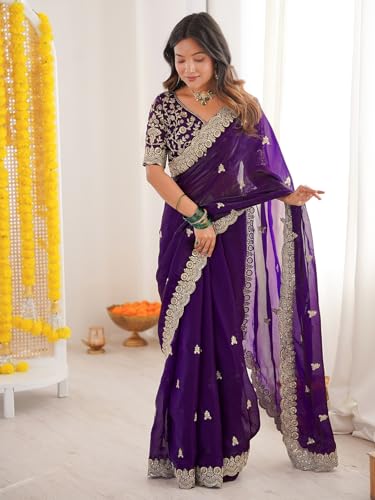 Image of SIRIL Women's Tissue Silk Sequence Embroidery Saree With Unstitched Blouse Piece