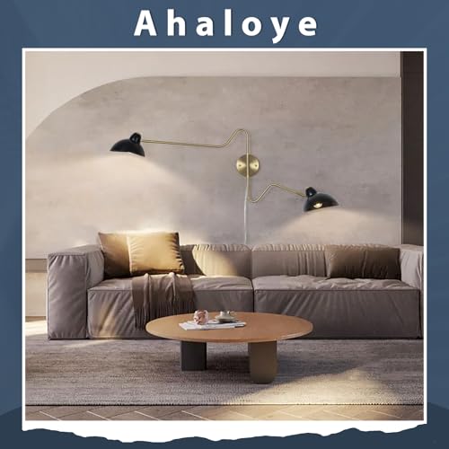 Image of Black and Gold Plug in Wall Sconce, 2-Light Swing Arms Wall Lamp with Plug Cord Big Wall Mount Lighting Fixture for Living Room Bedroom