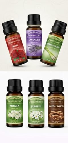 Image of Aroma Diffuser Oil Set, Essential Oils for Home Fragrance, Rose, Lavender, Lemongrass, Jasmine, Mogra & Sandalwood, 6 Bottles, 10ml Each, for Diffuser, Spa & Meditation