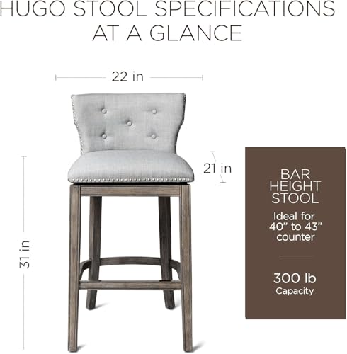 Butaco Maven Lane Hugo, acabado en roble recuperado, gris ceniza, 31" | Butaco de bar con respaldo bajo acolchado y botones, giro de 180 grados con memoria de retorno, madera dura secada al horno con asiento acolchado de espuma miniatura 2