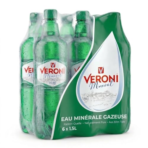 Eau minérale avec gaz Veroni, 6 bouteilles de 1,5 litres de PET - Eau minérale provenant d'un manantial à 201 mètres de profondeur à Radom, Pologne.