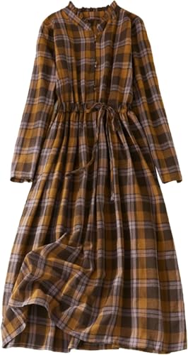 Damen Maxikleid Herbst Baumwolle Leinen Kariert Vintage Empire Taille Schlankes Kleid Langarm Plus Size Flowy Midi Langes Kleid (Gelb,XXL)
