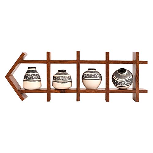 Image of AAKRITI ART CREATIONS Ladder Wall Decor 4 White Handcrafted Warli Pots | Wooden Wall Hanging Shelf Terracotta Vases | Matte Finish Decorative Wall Art for Living Room, Entryway & Gifting