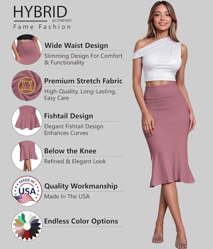 Image of HyBrid & Company Womens Premium Nylon Ponte Stretch Office Fishtail Pencil Skirt High Waist Made in The USA Below Knee