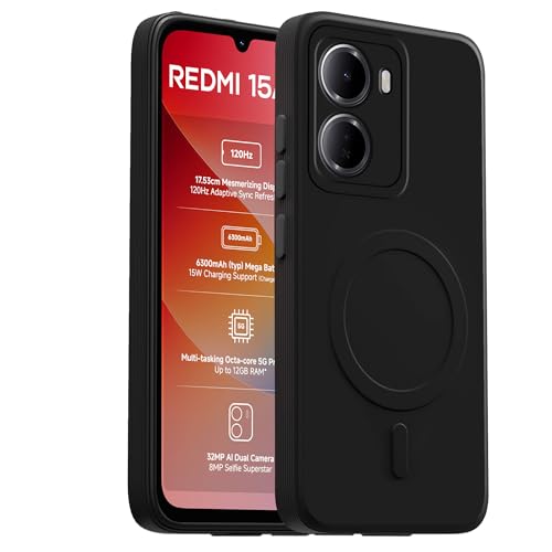 Image of amazon basics Back Cover for Redmi 15A 5G Soft Matte Silicone Mag-Safe Design (Mag-Safe Not Support) Camera Protection | Slim Fit Bumper Cover (Black)