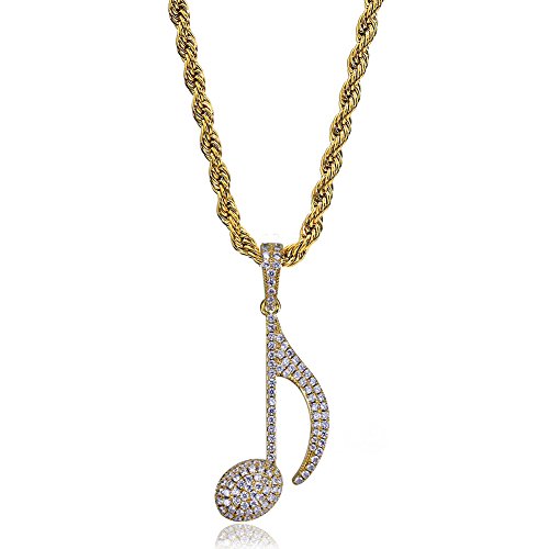 TOPGRILLZ 14K Gold Plated Iced Out CZ Simulated Diamond Zircon @ Quavers Music Note Pendant Necklace for Hip Hop Men (Gold Quavers)