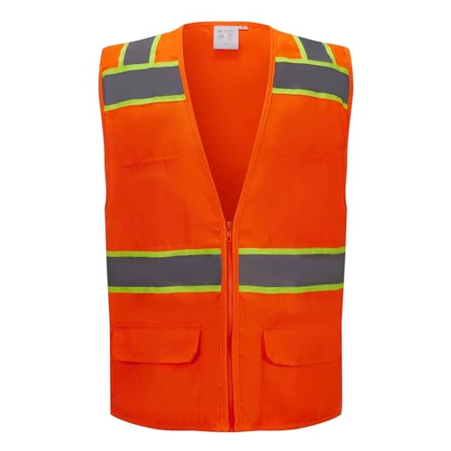 SV6000, ANSI/ISEA Class 2, Surveyor Safety Vest, Reflective w/Yellow binding, Zipper, Pockets, Neon Orange