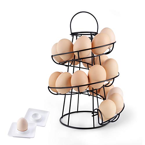 Spiral Design Egg Skelter with 2 Egg Cup Holders, Large Modern Deluxe Egg Storage Dispenser Rack for Countertop Kitchen, Black