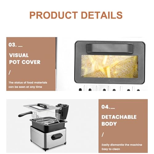 Freidora Industrial De Acero Inoxidable para Encimera, con Tapa Y Cesta, Fácil De Limpiar, Control De Temperatura Ajustable Y Capacidad De 5 litros.