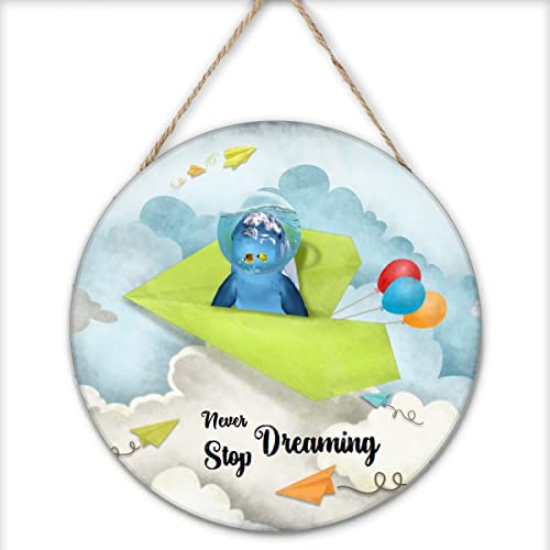 Finamille Inspirational Wall Art -Never Stop Dreaming,Dolphin Shabby Chic Round Sign for Kid's Bedroom Classroom Nursery 12x12 Inches Wooden Door Hanger