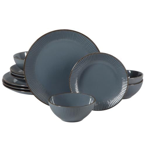 Gibson Home Plates and Bowls Set, 12 Piece Dinnerware Set for 4, Blue