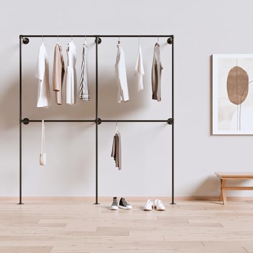 Industrial Pipe Clothing Rack, Heavy Duty Wall Mounted Clothes Rack, Retail Display Hanging Garment Rod for Laundry Rooms, Closet Storage, 14.6x75x82.7 Inches, Model K03