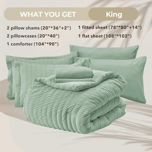 Image of HYMOKEGE Sage Green King Size Comforter Set Seersucker 7 Pieces, All Season Luxury Bed in a Bag for Bedroom, Bedding Set with Comforters, Sheets, Pillowcases & Shams