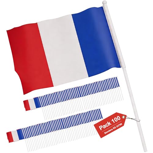 Gokoi, Pack 100 Unidades, Bandera de Mano Francia, Poliéster Resistente, Colores Vivos, Ideal para Eventos Deportivos, Celebraciones y Decoración, 21x14CM