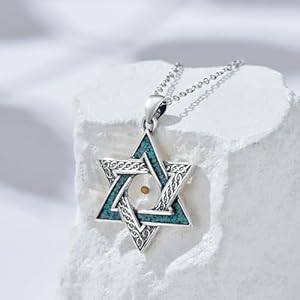 Hanukkah Necklace 925 Sterling Silver Star of David Pendant Turquoise Jewish Jewelry Mustard Seed Gift for Women Men