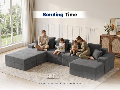 Image of Living&Giving 128 inch U-Shaped Cloud Sectional Couch for Living Room, Cloud Boneless Couch-No Assembly with Reversible Chaise, Customizable 4-Seat Modular Sectional Sofa with 3 Ottoman,Dark Grey