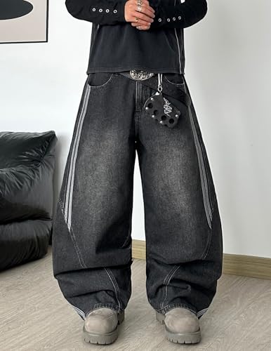 QGRSWBC Mens Jeans Relaxed Fit Y2K Streetwear Wide Leg Denim Pants Irregular Sutures Hip Hop Skater Jean Trousers Black Grey — view 6