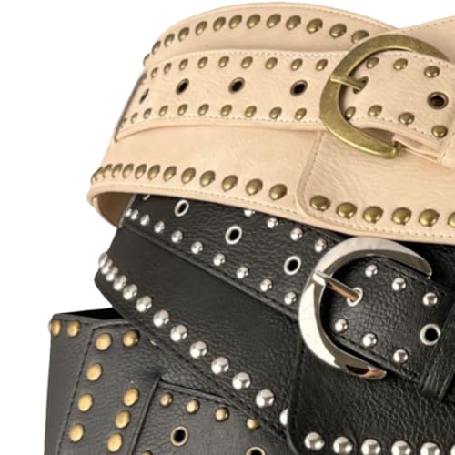 Women's Wide Corset Belt with Studs and Buckles - Chunky Brown Leather Waist Cincher for Statement Outfits3