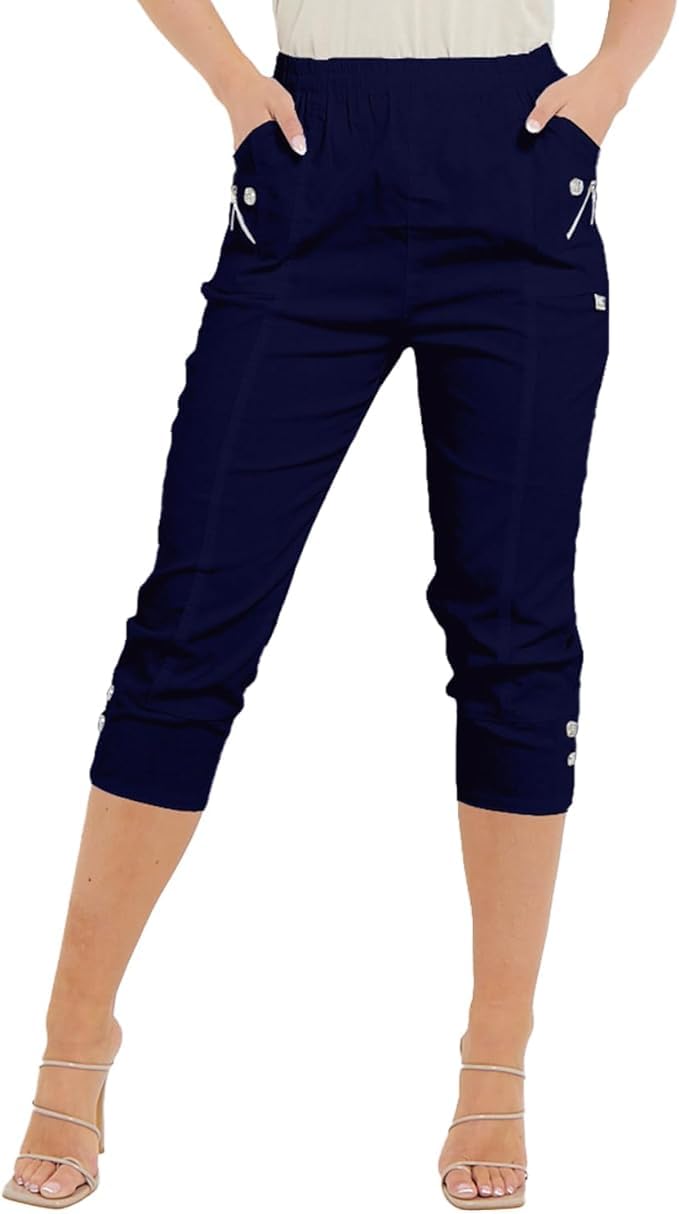 Pure Fashion UK Cropped Trousers Women New Cherry Berry Soft Cotton Stretch Capri Cropped 3/4s Elasticated Cropped Trousers Women Pants Size 8-26 UK (as8, Numeric, Numeric_12, Regular, Regular, Navy)