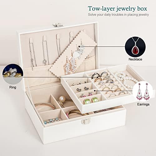 Jewellery Box Organiser for Women Girls 2 Layers Display Storage Case Jewellery Holder for Earrings Ring Necklace Storage Case Women Gift White