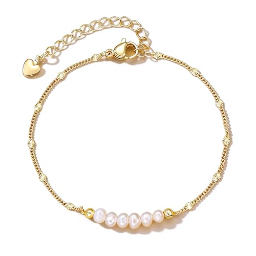 GINAZL Pearl Bracelet, Dainty 14K Gold Plated Pearl Bracelet Trendy Beaded Chain Jewelry Gifts for Women (B)