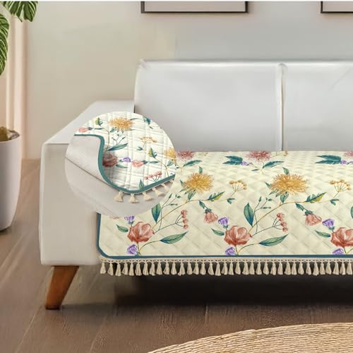 Image of Urban Space 1 Seater Microfiber Quilted Sofa Cover mat with Tassels, Non-Slip Sofa Protector, Easy Care & Machine Washable Cover, Sofa Seat Runner for Couch for Living Space (1 Seater - Petal pop)
