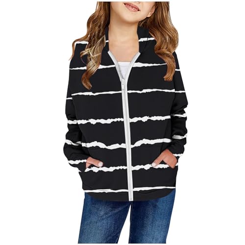 Generisch 2026 niñas invierno estampado parche bolsillo cremallera sudadera con capucha chaqueta de punto, Negro , 11-12 años