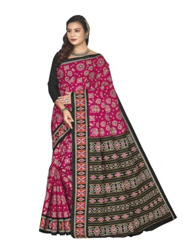 Image of Karishma lightweight mulmul (stiff) cotton saree featuring traditional ikat and warli prints, perfect for daily wear.