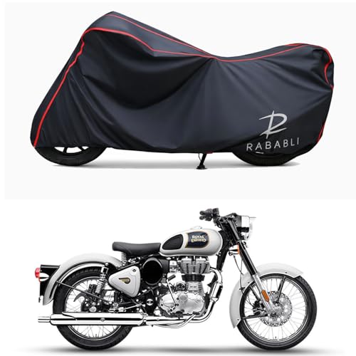 Image of Waterproof Bike Body Cover Compatible for | Royal Enfie Classic 350 ABS BS6 | Taffeta Fabric, Red Piping Design, Bottom Elastic Fit | Dustproof, Sun UV & Rain Protection for All Bikes