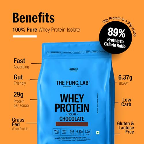 Image of The Func. Lab Whey Protein Isolate - Chocolate Flavour | 1 kg | Grass‑Fed, 29g Protein, 6.37g BCAA per Scoop | High Protein Supplement for Muscle Growth, Digestion and Absorption Support