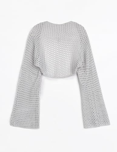 Womens Oversized Crochet Knit Lightweight Cropped Sweater Shrug Fall 2024 Hollow Out Long Sleeve Short Cardigans4