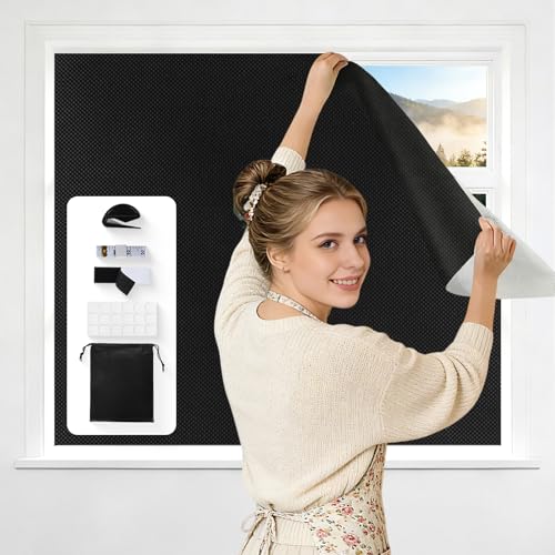 100% Blackout Curtains for Bedroom, No Drill Window Shades, Portable DIY Blackout Blinds with Stickers & Tabs for Travel, RV, Dorm, Nursery & Media Room (57" x 118", Black) by FIEKKRNR - Used condition - Image 5