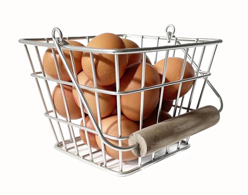 Large Square Wire Egg Basket in Bright Steel Finish with Optional White Wooden Heart - Country Kitchen - Rustic Vintage Style for up to 24 Eggs, 16 x 16 cm Food Storage Fruit Basket Lemons