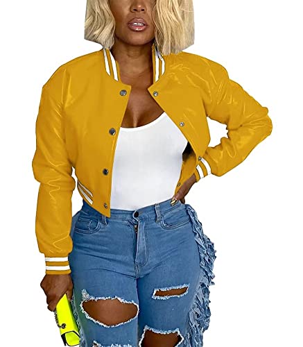 Image of Mintsnow Womens Varsity Jacket Long Sleeve Button Down Bomber Jackets Casual Baseball Uniform Streetwear