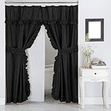 Castle Selection Double Swag Ruffled Fabric Shower Curtain Set, Intersected Leaves Pattern, PEVA Liner and Roller Rings (Black)
