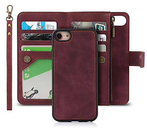 iCoverCase Compatible with iPhone SE(2022)/SE(2020)/7/8/6/6s Wallet Phone Case with Card Holder, PU Leather Case Zipper Pocket Magnetic Detachable Flip Case with Wrist Strap (Claret)