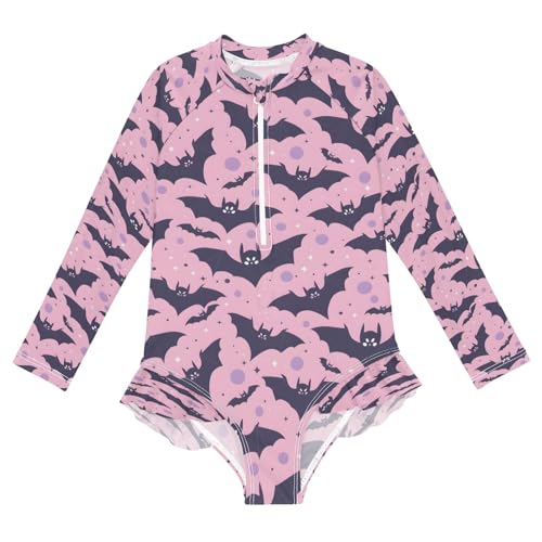 Cute Bats Pink Girls Long Sleeve Swimsuits One Piece Zipper Bathing Suit UPF 50+ Rashguard Swimwear - Main Image