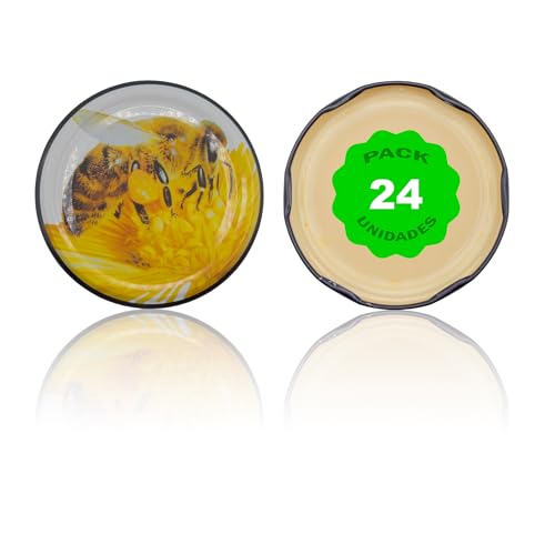 Pack 24 Tapas para bote,tarro,frasco de cristal;Cerradura enrroscable;Tapa giratoria de metal;conservar frutas,verduras y mermeladas;Tapa hermética;DIFERENTES TAMAÑOS Y COLORES (Abeja, 77mm)