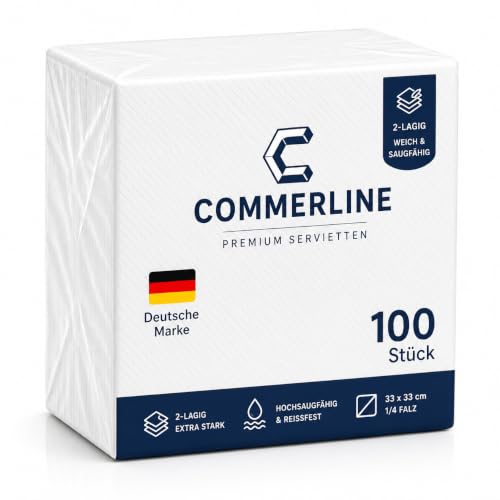 Commerline 100 Stück Weiß Servietten 33x33 cm 2-lagig 1/4 Falz Weiche & Saugfähige Papierservietten für Gastronomie Restaurant Catering Party Geburtstag & Events Einwegservietten