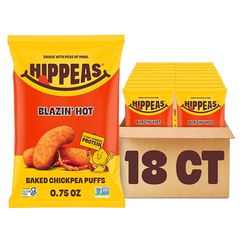 Hippeas Chickpea Puffs, Blazin' Hot, 18 x 0.75 oz Bags, Baked Crunchy Chickpea Snacks with 3g Plant Protein, 2g Fiber & 40% Less Fat, Dairy & Gluten Free, Non-GMO, Top 9 Allergen Free