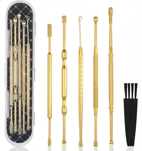 Hion 6 Pcs Extended Ear Wax Removal Kit,Professional Double-Headed Ear Pick Earwax Removal Tools,316L Stainless Steel Ear Cleaner Curette with Cleaning Brush and Storage Box,Suit for Kid Adult(Gold)