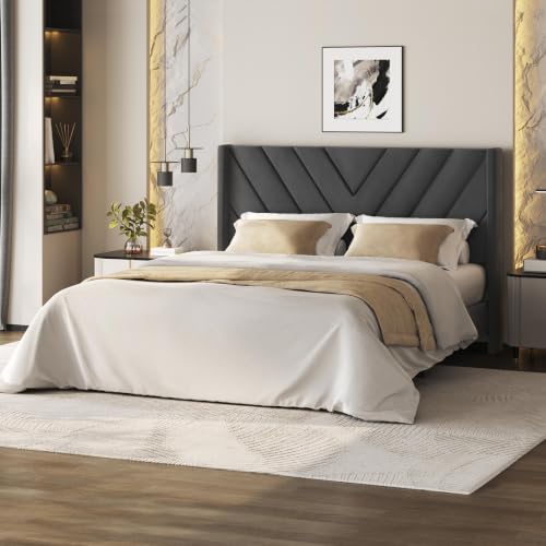 Image of Yaheetech Queen Bed Frame Upholstered Platform Bed /Wooden Slat Support /Tufted Headboard with Wing Side /Mattress Foundation /No Box Spring Needed,Deep Gray Queen