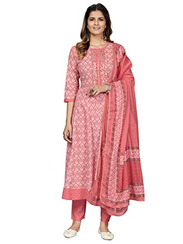 Image of Vbuyz Women's Printed & Embellished & Mirror Work Straight Cotton Stitched Kurta set | Straight Kurta Pant Dupatta | Kurta Set with Dupatta for Women | Suit Set | Ethnic Set | Printed Kurta Set