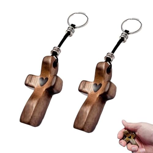 RICOKJRDE Llavero de cruz de madera de nogal artesanal con colgante de corazón, regalo de aliento para la suerte y la felicidad (B-2PC)
