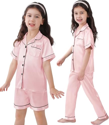 SWOMOG Satin Pyjamas for Teenage Girls Short Sleeve Button-Down Pjs 3 Pcs Kids Nightwear Short Sleeve Lounge Sets Pink 12-13 years old - Image 3