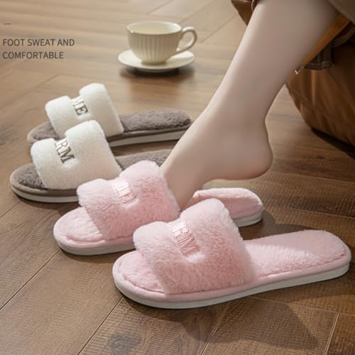 Women's Open Toe House Slippers Letter Embroidery Plush Slippers Fuzzy Slippers Cozy Fluffy Indoor Comfortable Slip-on4