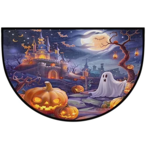 Image of cfpolar Half Round Door Mat Halloween Pumpkin bat Ghosts Non-Slip Semi Circle Area Rug Washable Half Moon Hearth Rugs for Indoor Outdoor Bathroom Kitchen Patio Runner Mat Laundry Room Home Decoration